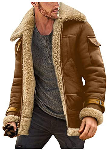Männer Plus Size Wintermantel Reverskragen Langarm Gepolsterte Lederjacken Vintage Verdicken Mantel Schaffell Kaschmirjacken Oberteil Herren Spitze (Brown, XXXXL)