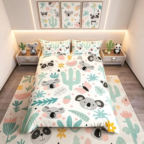 Homemissing Set di biancheria da letto per bambini, ragazzi e ragazze, motivo koala, con animali kawaii, copripiumino con piante tropicali, copriletto traspirante per letto singolo