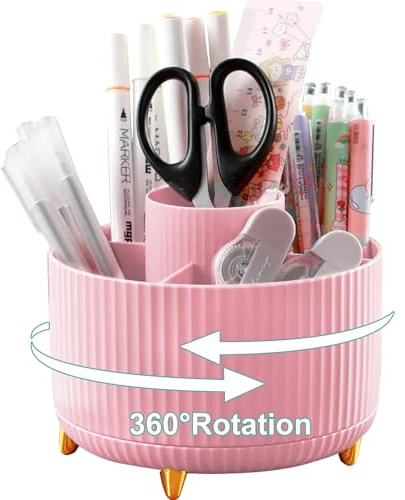 Lenfuos Schreibtisch Organizer, 360 Grad drehbarer Büro-Organizer Stifthalter, 5 Sortierfächer für Stifte, Hefter, Ordnerklammern, Haftnotizen, Platzsparendes Desk Organizer（Rosa）
