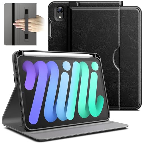 JETech Business Hülle für iPad mini A17 Pro/6. Gen, Schwarz | Für 8,3 2024/2021 Modell, PU-Lederdesign, Stifthalter & Tasche, Mehrwinkel-Betrachtung