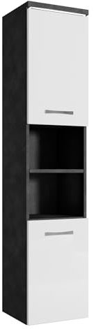 Badplaats Badezimmerschrank Paso 35 x 35 x 160 cm Dunkel Grau mit Weiß Hochglanz - Hoch Badschrank Mit 2 Türen