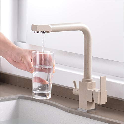 Küchenarmaturen, Beige, Trinkwasserfilter-Wasserhähne, Spülbecken-Mischbatterie, 360-Grad-Drehgelenk, Doppelgriff, Deckmontage, gefilterter Kran für die Küche, 3-Wege mit Luftsprudler