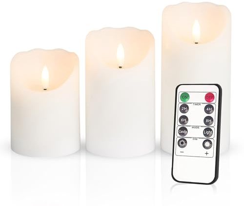 Meisterhome® 3er-Set Flammenlose LED Kerzen - Weiß - Rustik Design Stumpenkerze - mit Fernbedienung – mit Timer - Batteriebetrieben – Warmweiß - 10/12,5/15 cm hoch - mit flackernder Flamme