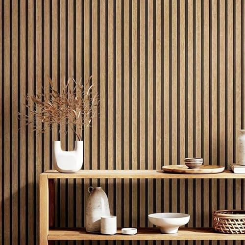 Camiraft Light Oak Wood Slats Wallpaper Natural Wooden Slats Panelled Wallpaper 3 Roll Wooden Slat Wallpaper Wood Effect Modern Realism Contemporary Feature Wall,9.5 * 0.53M