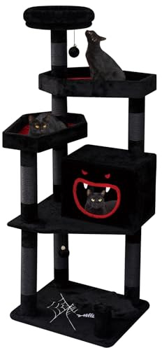 YARUOMY Gothic-Katzenbaum mit Sargbett, 160 cm, schwarzer Katzenturm mit geräumiger Höhle im Dämonen-Stil, gemütliche Plüsch-Sitzstange, Kratzstämme, Hängeball, mehrstufige Aktivitäten, Möbel für