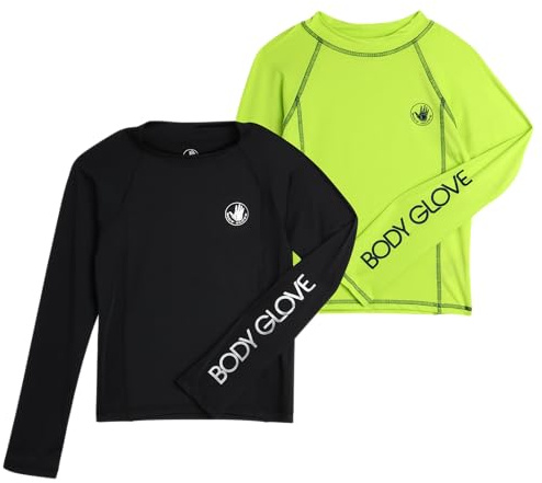 Body Glove Boys Swim Shirt - 2 Pack UPF 50+ Sun Protection Quicky Dry Long Sleeve Rash Guard for Boys Kids Swimwear (2T-14), Size 2T, Black/Lime
