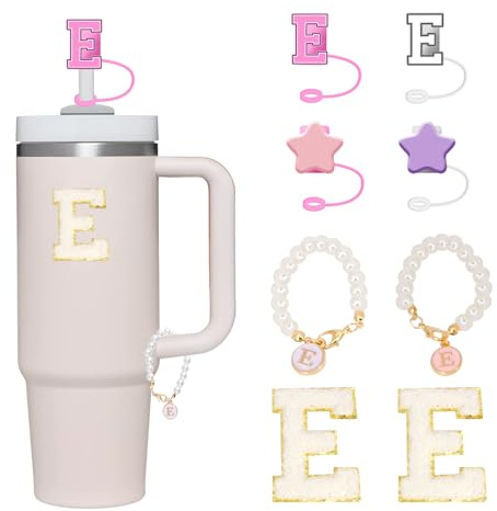 Letter Stanley Straw Cover 2Pcs Dustproof 10mm Straw Cover for Stanley Cup Accessories Include 2pcs Personalized Name ID A-Z Pearl Hangings Letter Stickers(E)