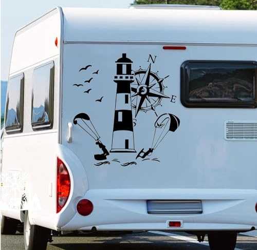 Rakelfix Kompass Kitesurfen Kite Surfen Aufkleber Leuchtturm Steuerrad Möwen Strand Kitesurfer Kite Camper Wohnwagen Truck Wohnmobil