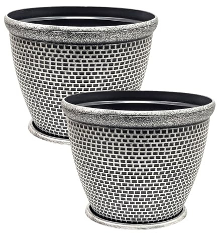 Fyne-Finds Set of 2 Large Plastic Round Silver Cromarty Plant Pot with Saucers Flower Pot Planter Garden Decoration Antique 30cm, 12inch Outside Planters 10L Outdoor With Drainage Holes
