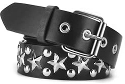 HMZT Schwarzer Gürtel für Damen und Herren, Nietengürtel Y2K Emo Gothic Grunge 80S PU-Leder Zubehör für Jeans, Silberne Sternniete, S fits 30-35’’