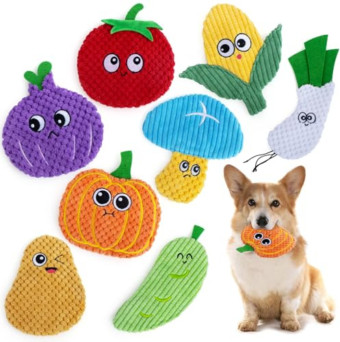 AWOOF Hundespielzeug, keine Füllung, quietschendes Spielzeug, 8 Stück, knisterndes Plüsch-Kauspielzeug für kleine, mittelgroße Rassen, flach, stofflos, niedlich, langlebig, interaktives Hundespielzeug
