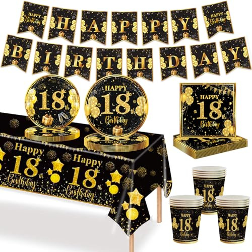 MORAINJAY 70Pcs 18th Birthday Tableware Black Gold, 18th Paper Plates, Cups, Napkins, Banner, Birthday Table Decoration Set for Men Women Party Supplies(16 Guests) | Paper Plates, Cups, Napkins And Banners, Table Decorations For 18th Birthday Party