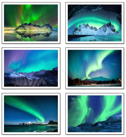 Set mit 6 Holzbildern, Dekoration für modernes Wohnzimmer, Schlafzimmer, Zimmer, Landschaft, Natur, Nordlicht, Norwegen, mit Metallaufhängern (29 x 20 cm pro Bild)