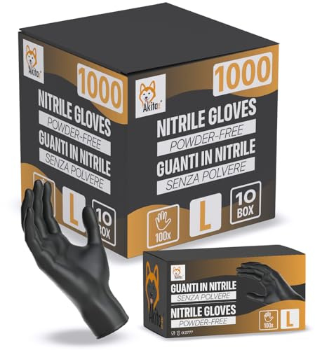 AKITAInk Guanti in Nitrile Neri senza polvere, senza lattice - Ipoallergenici, Resistenti, Ideali per Ambiti Medici e Alimentari per Estetisti, Tatuatori, Ambiti Medici, guanti per alimenti (1000, L)
