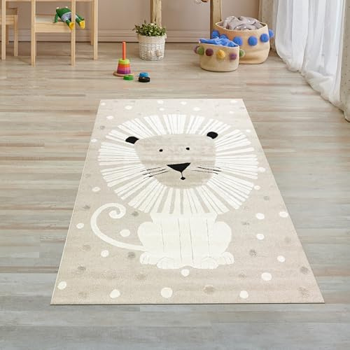 Teppich-Traum Kinderteppich Löwenmuster Beige Creme 80x150 cm | Safari-Design, Raubtier, Hoch-Tief-Effekt, weich, pflegeleicht, strapazierfähig, OEKO-TEX, Kinderzimmer und Babyzimmer