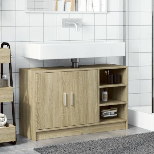 Homvdxl Under-Sink Storage Cabinet w/ 2 Doors & Open Shelves, 90x29x55 cm, Bathroom Cabinet Space Saver Organizer, for Washbasins without Pedestal, Brown