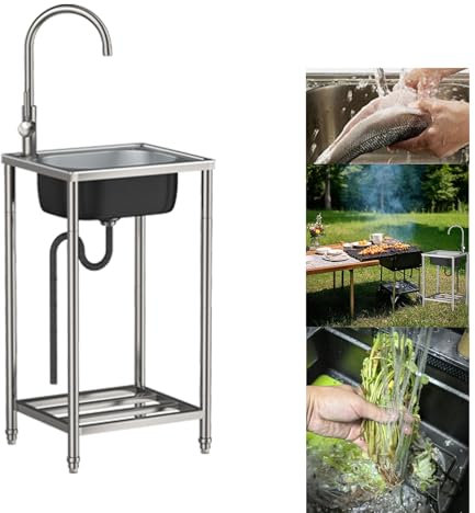 TYJZKJWQ Lavabo da Esterno,Lavello Cucina 1 Vasca con Rubinetto,Lavatoio in Acciaio Inox Professionale con Mobile,Lavandini Commerciale Autoportante,Lavello Cucina Multifunzione |38x33x82cm|