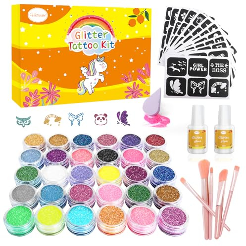 VillTake Kit Tatuaggi Glitter per Bambini, 30 Colori, 135 Stencil con 5 Pennelli e 2 Colla, Regalo Creativo per Feste di Compleanno in Confezione Elegante, halloween kostüm kinder