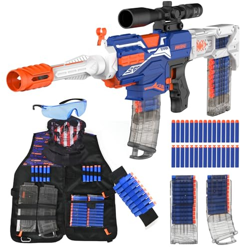 Automatic Toy Gun with Tactical Vest Set, 150 Darts, Scope,Detachable Stock & Dual Fire Modes | Rechargeable Electric Toy Gun for Kids Ages 8-12, Birthday & Xmas Gifts