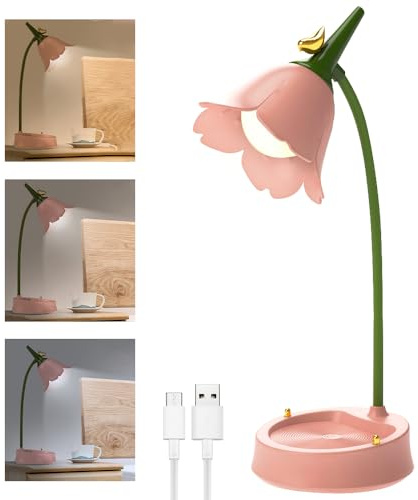 Schreibtischlampe Kinder, Dimmbare LED Tischlampe mit 3 Farbtemperaturen, Wiederaufladbar Blume Tischlampe Kinderzimmer mit Touchsensor und Flexibles Arm, Schreibtischlampe Mädchen Lesen Lernen