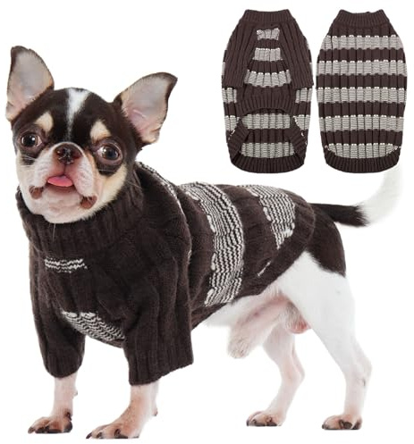 Hjumarayan Hundepullover Kleine Hunde - Pullover Hund mit Geschirrloch, Warm Hunde Strickpullover Winter mit Beinen, Pit-Streifen Hundepulli für Chihuahua, Yorkshire Terrier, Braun XS
