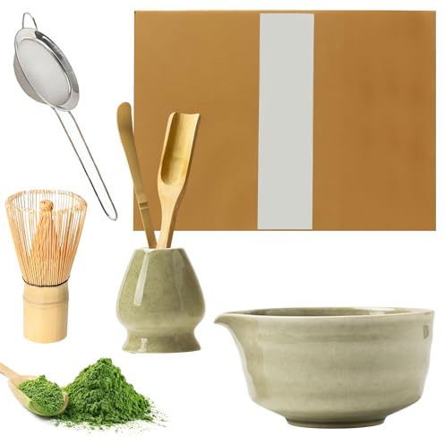 6 Pcs Matcha Tea Set: PRITOK Bamboo Matcha Whisk Set, Elegant Matcha Tea Set with Whisk and Bowl, Matcha Spoon, Whisk Holder, Ceramic Matcha Kit, Japanese Matcha Tea Set for Matcha Tea Ceremony