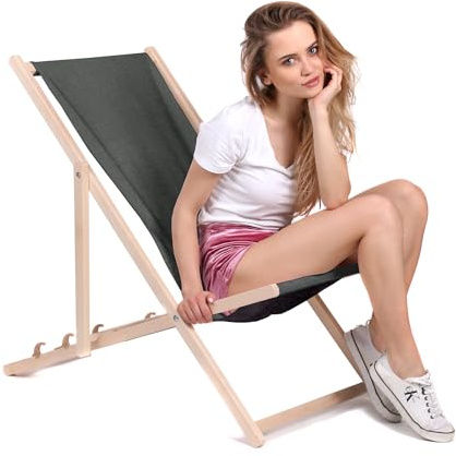 DreamRoots Liegestuhl Klappbar Holz - Klappliegestuhl mit 3-Fach Verstellbarer Rückenlehne - Strandliege Bis 130 kg Belastbar - Leinen-Optik UV-Beständiger 220g/m² Waschbarer Polyesterbezug