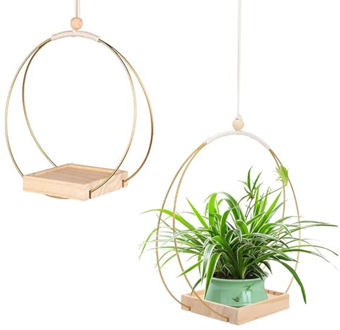 Wenrou 2 Pièces Pot Suspendu Plante Interieur Exterieur, Pots De Fleurs Suspendus Décoratifs, Boho Moderne Suspension Plante Intérieure, Palette en Bois 5, avec Crochets(Or)
