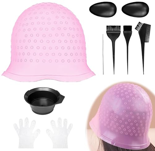 Set de Bonnet de Mèches en Silicone, 1 Bonnet de Mèches, 1 Kit de Teinture, 2 Gants, Réutilisable, Idéal pour Coloration Capillaire DIY, Facile à Utiliser, Pour Femmes et Filles