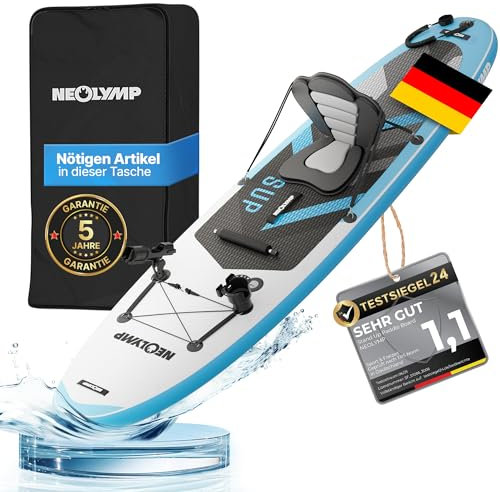 NEOLYMP Aufblasbares Stand Up Paddle Board 315 cm – SUP Komplett-Set 13-TLG. inkl. Kajaksitz, E-Book, Pumpe & Rucksack – für Kinder & Erwachsene – 150 kg Traglast – Paddleboard aufblasbar mit Zubehör