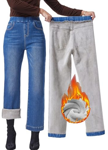 Yehopere Damen Fleece Gefütterte Jeans Hohe Taille Weites Bein Jeans Winter Flanell Fleece Gefüttert Jeans, hellblau, XX-Large Kurze Schlauch