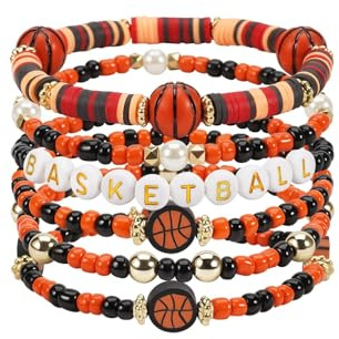 Lot de 6 Bracelets Basketball Bracelet Sport Elastique DIY Perles Cadeau Anniversaire, Bracelet Amitié École Fête Fournitures, Accessoire Joueur de Basket pour, Bijoux Thème Basketball Garçon et Fille