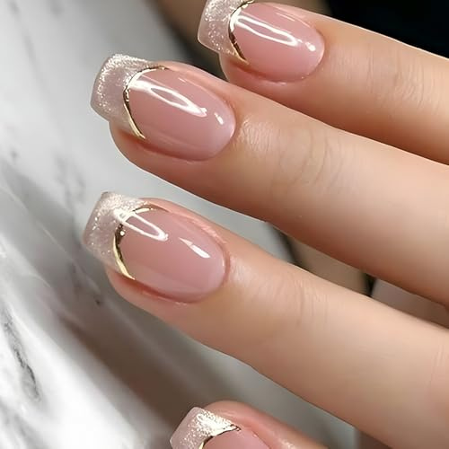 24Pcs Glitter Edge French Press On Nails with Glue - Star Edge Nude Pink Square French False Nails Full Set, Natural Fake Nails Artificial Glue on Nails for Women, Home Manicure DIY