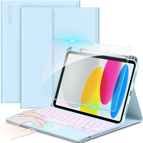 CACOE Cover con Tastiera per iPad 11 (A16) 2025 11 / 10 2022 con Touchpad | [Italiano] Tastiera Wireless Staccabile, Illuminazione a 7 Colori Compatibile con 11/10.9 Pollici Azzurro Cielo