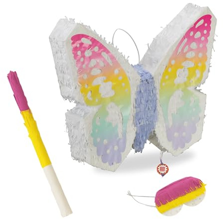 Relaxdays Pinata Schmetterling, mit Stab & Maske, Partypinata Kinder, Geburtstag, zum Befüllen, HxBxT: 48x58x10 cm, bunt