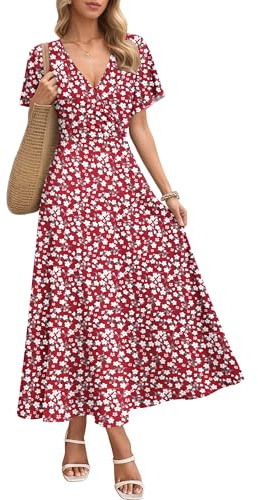AUSELILY Maxi Dress for Women Summer Dresses Red Flowers L