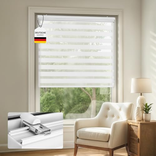 Victoria M. Premium Doppelrollo Klemmfix ohne Bohren & mit Bohren B125 x H175 cm Weiß, Duo Rollo Fensterrollo mit Kassette für Fenster & Türen, Klemmrollo Sonnenschutz Lichtdurchlässig & Verdunkelnd