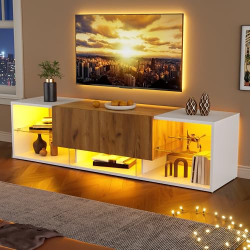 QXJVA Meuble TV - 160 cm - Blanc - Aspect bois - Avec LED et plateau en verre - 2 tiroirs - Grand espace de rangement - Meuble TV - Design moderne pour le salon