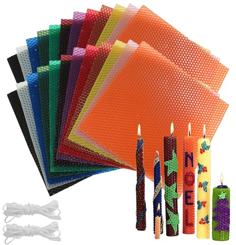 ASMIZ 24 Pack Beeswax Sheets for Candle Making, 20 x 20 cm Wax Sheets | Colourful Honeycomb Sheets, Candle Making Kit with Cotton Wick for Adults and Family Crafts