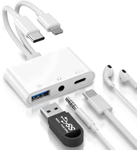 3-in-2 Light-ning + USB C auf Klinke Adapter USB C auf Light-ning Adapter mit 3,5mm AUX Audio, Ladeanschluss & OTG USB für iPhone, Samsung Galaxy, iPad, Laptops