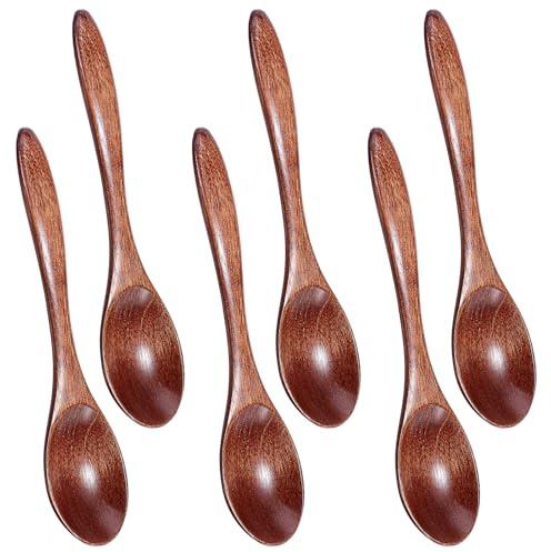 WJIAAA 6 Pcs Small Wooden Spoons,5.7 Inch Wood Teaspoons for Honey | Tea Coffee Jam Sugar Ice Cream,Bath Salts Stirring Spoons Handmade Natural Wooden Spoon for Eating(Dark Nanmu)
