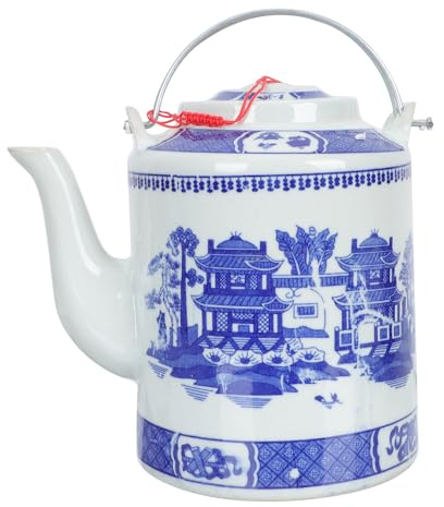 HOMSFOU Théière Pratique en Porcelaine Bleue et Blanche 1,5 L Anse, Bouilloire Domestique Vintage pour Maison, Restaurant et Cérémonie du Thé, Service à Thé Asiatique Traditionnel
