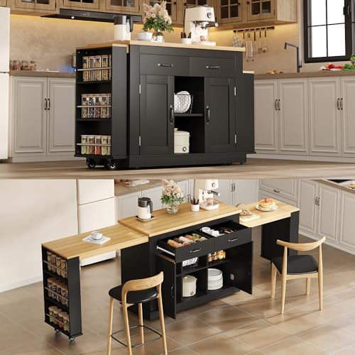 NuvlaGu Isola da cucina con ruote con piano di lavoro allungabile e tavolo da pranzo, carrello da cucina con spina e USB, 9 ruote, cassetti e ripiani regolabili, blocco da cucina mobile