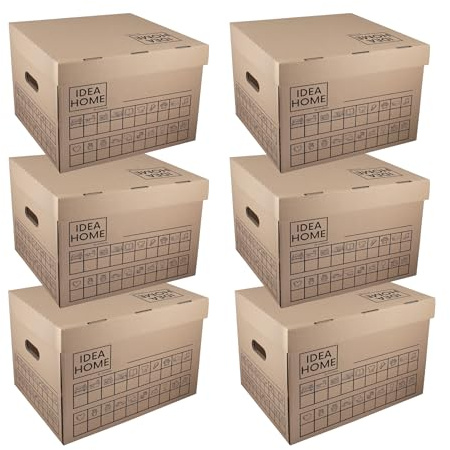 IDEA HOME STOREA 6er Set Aufbewahrungsbox mit Deckel Pappkarton Griffe Archivbox inkl. Marker Umzugskarton Pappe Lagerbox Organisation Stapelbar