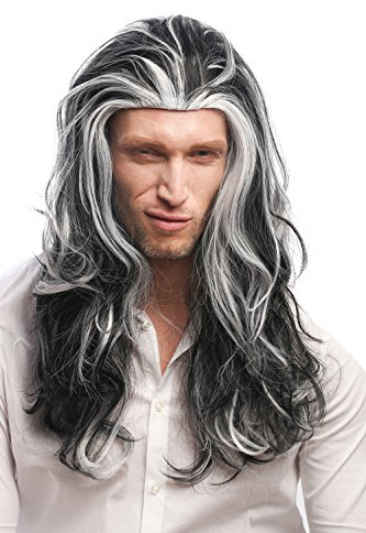 WIG ME UP - 29938B-ZA103-ZA60 Perücke Herren Damen Karneval Halloween lange Mähne Schwarz-Weiß-Mix Grau Gesträhnt Dunkler Vampir Fürst Dracula 55 cm