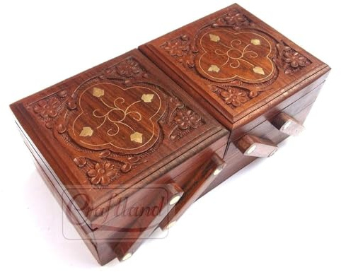 Craftland Schmuckkästchen aus Holz (Messing n Schnitzerei) für Damen/Mädchen, Klappklappe, handgefertigtes Geschenk, 20,3 cm