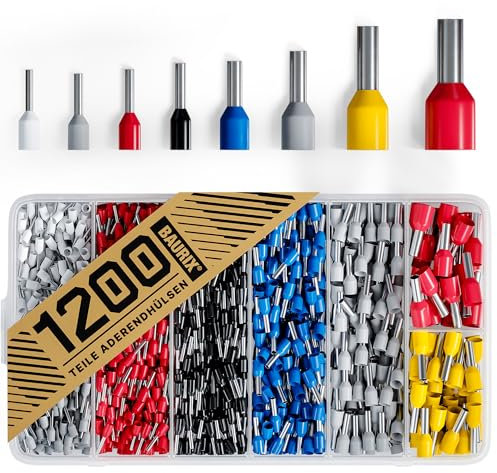 BAURIX Aderendhülsen Set 1200 Stück – Isolierte Hülsen 0,5–10 mm² für Kabel & Leitungen – Nach DIN 46228-4 – Farbcodiert Profi Sortiment