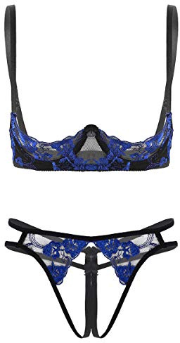 iiniim Damen Hebe BH Set Spitze Büstenhebe BH Push Up Bra Büstenhalter mit Ouvert-Slips Tanga Lingerie Erotische Unterwäsche Blau Einheitsgröße