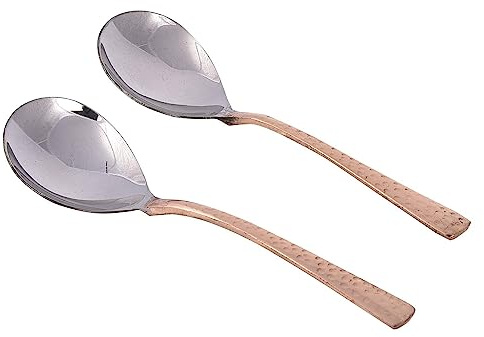 Ajuny Copper Stainless Steel Serving Spoons Set of 2 with Hammered Handles | Large Buffet Spoons for Kitchen & Restaurant Cooking Stirring Curry Rice Salad Long Handle Dishwasher Safe Table Utensils 8