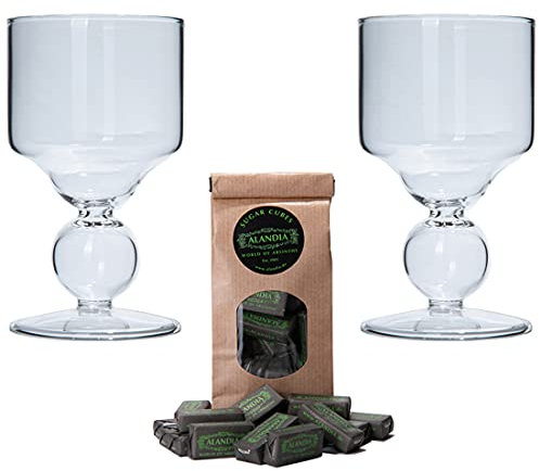 ALANDIA Absinthe Verres de 2x Verre à Boule faits à la main avec Réservoir | 1x Cube de Sucre | Accessoires professionnels pour le Rituel